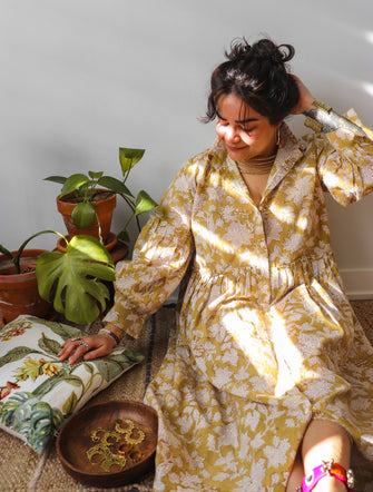 'Frida' Limited Edition Kalamkari Organic Cotton Boho Dress (Mustard Yellow)
