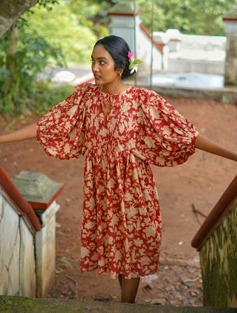 'Bloom' Hand-blockprinted Kalamkari Boho Dress (Red)
