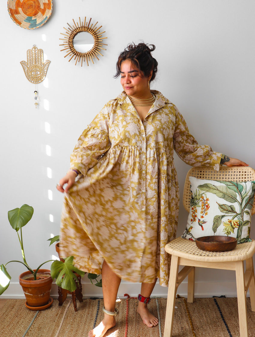 'Frida' Limited Edition Kalamkari Organic Cotton Boho Dress (Mustard Y