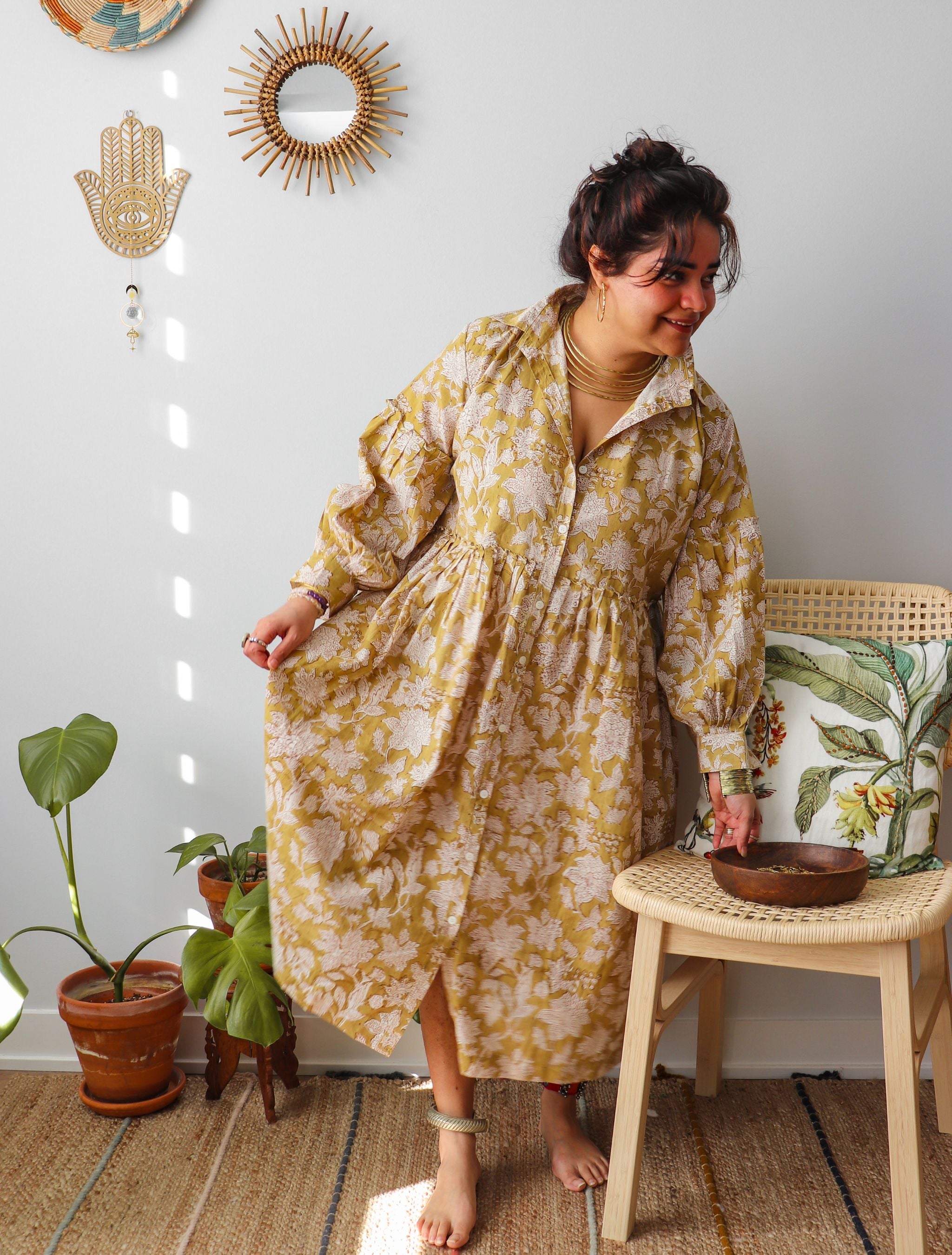'Frida' Limited Edition Kalamkari Organic Cotton Boho Dress (Mustard Y